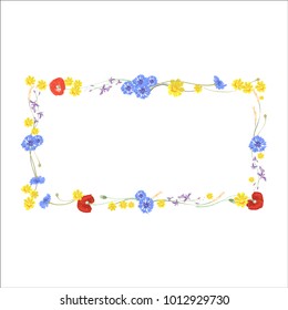 Vector square frame with hand painted vector leaves and flowers. Romantic design elements