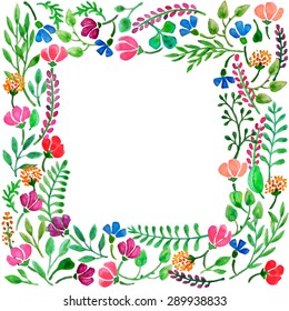 Vector square frame with hand painted leaves and flowers. Romantic design elements. Perfect for greeting or invitation cards.