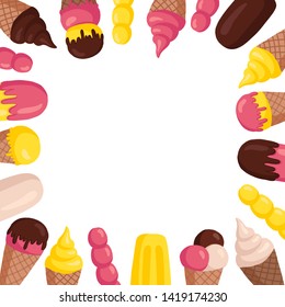 vector square frame with ice cream: fruit ice, sugar cone, soft. Bright summer illustration in the style of hand-drawn flat.