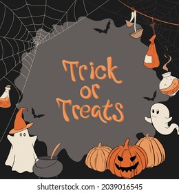 Vector square frame with illustration for Halloween. Hand- drawn illustrations for invitation on Halloween party, postcard, decoration or design.