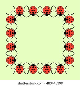 Vector square frame from ladybugs on green background