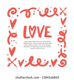 Vector square frame made of hand drawn romantic elements. Perfect for Valentine's day greeting, poster, banner design