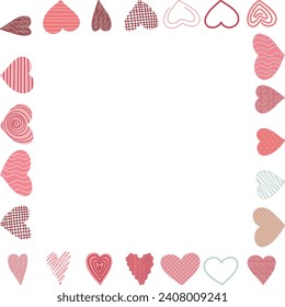 Vector square frame made of hand painted watercolor hearts. Cute and romantic, perfect for Valentine's day greeting.