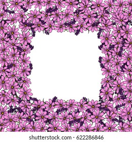 Vector square frame made of hand drawn cosmos flowers. Beautiful floral design elements.
