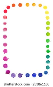 Vector square frame made of watercolor rainbow blobs, colorful paint drops texture. Vector EPS10. Colorful watercolor splashes isolated on white background