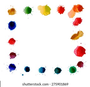 Vector square frame made of watercolor rainbow blobs, colorful paint drops texture. Vector illustration, stain of watercolors. Paints composition