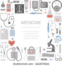 Vector square frame with medical equipment and tools. Medicine elements banner design. Cute funny health care, check or research card template