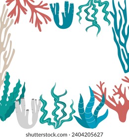 Vector Square Frame with Multicolor Seaweed Shapes at the Bottom of the Sea. Banner template with bright print for fabric, wrapping, textile