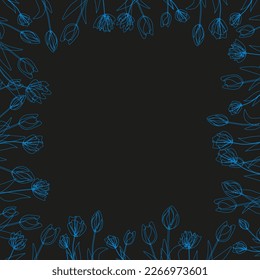 Vector square frame, from outline neon tulips. Hand drawn doodle isolated. Background, border, decoration for greeting card, invitation. First spring flowers frame. Blue flowers.