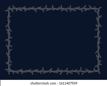 Vector square frame overgrown with plant with thorns and leaves. Dark background