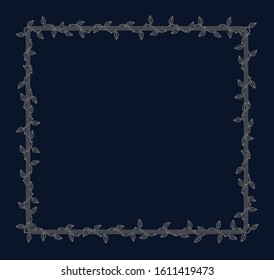 Vector square frame overgrown with plant with thorns and leaves. Dark background