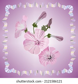Vector square frame in pastel pink colors with a petunia in the center for design of scarf, tile, shawl, hijab