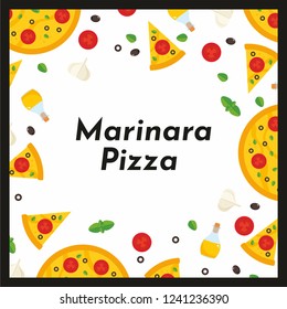 Vector square frame of pizza and ingredients. Background for invitations, advertisements, postcards. Option No1