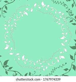 Vector square frame with place for text, postcard, blank, packaging, green background, monochrome.