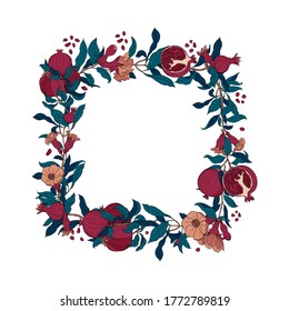 Vector square frame of pomegranate leaves, seeds and flowers. Vector illustration wreath of pomegranate and leaves. Can be used as a greeting card for background, birthday, mother's day and so on.