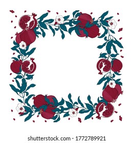 Vector square frame of pomegranate leaves, seeds and flowers. Vector illustration wreath of pomegranate and leaves. Can be used as a greeting card for background, birthday, mother s day and so on.