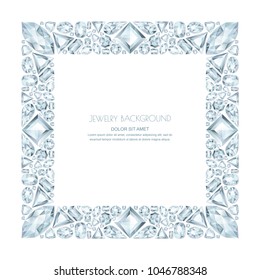 Vector Square Frame From Realistic Silver Gems And Jewels On White Background. Shiny Diamonds Jewelry Design Elements. Banner, Poster, Gift Card, Invitation Template.