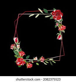 Marco cuadrado vectorial con rosas rojas sobre fondo negro. Elementos florales de época. Boda. Día de San Valentín. Amor. Usar para la decoración, tarjetas, marcos, folletos, banners, invitaciones, saludos, mensajes.