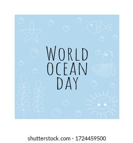 Vector square frame with sea life and sea waves. World ocean day. Children's cartoon illustration for design of postcards, stickers, books, albums, logos and children's clothing.