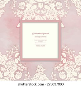 Vector square frame. Silhouette of a bouquet victorian garden roses on watercolor backdrop. Hand drawing in vintage style. Realistic shadows and place for your text.