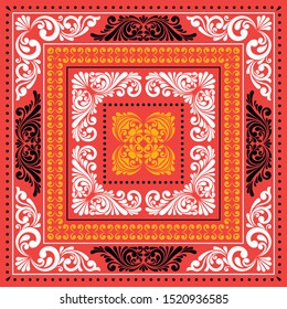 Vector square frame template. Bandana with vintage ornament.