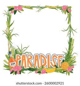 Vector square frame. Template for decoration Cruise vacation on a tropical island. Composition with a bottle of rum, pineapple, banana and flowers and a place for text. Paradise vacation. Summer party