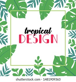 Vector square frame with tropical leaves and place for text. Template with green palm leaf. Decorative pattern with exotic plants in natural style for the design of invitations, sales, flyers.