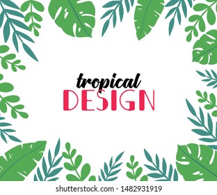 Vector square frame with tropical leaves and place for text. Template with green palm leaf. Decorative pattern with exotic plants in natural style for the design of invitations, sales, flyers.