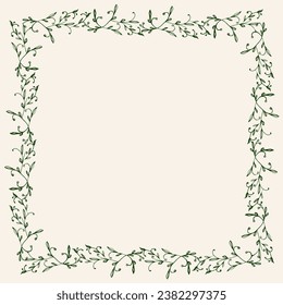 Vector square frame with twigs and leaves. Eco vintage frame made of plant leaves with empty space.