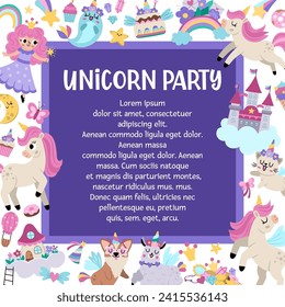Marco cuadrado vector para el partido unicornio con lugar para el texto. Diseño de plantillas de tarjetas de cuento de hadas para banners, invitaciones, postales, medios sociales. Magnífica ilusión de mundo con hada, arcoiris
