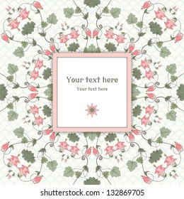 Vector square frame. Vintage pattern in modern style. Aquilegia plants contain  flowers, buds and leaves.  Place for your text. Perfect for invitations, announcement or greetings.