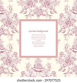 Vector square frame. Vintage style. Hand drawing of a bouquet victorian garden roses. Realistic shadows and place for your text.