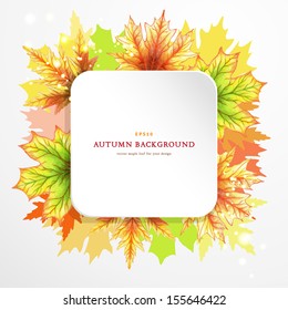 Vector square frame. White paper, sparks and autumn maple leaves. Hand-drawing watercolor colored pencils. Place for your text.