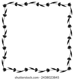 Vector square frame, wreath from black flat tulips, flowers. Background, border, decoration for greeting card, nature design