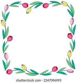 Vector square frame, wreath from red, pink, yellow tulips. Spring flowers. Bright background, border, decoration for greeting card, invitation, Valentine's, Women's or Mother day.