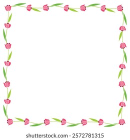 Vector square frame, wreath from red tulips. Spring flowers. Bright background, border, decoration for greeting card, invitation, Valentine's, Women's or Mother day