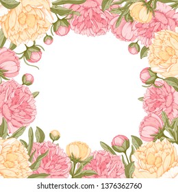 Vector square frame with yellow and pink peony flowers on white background. Gentle floral design. Can be used as design element for wedding, greeting card, package and other.