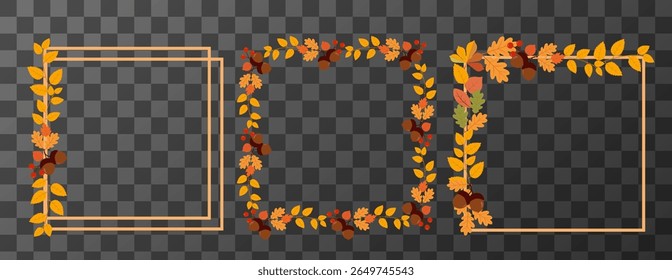 Vector square frames decorated with autumn leaves, berries and acorns. Warm seasonal palette. Flat cartoon style. Transparent background