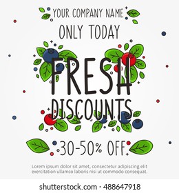 Vector square Fresh Discounts web banner. Creative template for advertising banner. Graphic design for social media. Sale layout for e-commerce and promotion business. Square template for shopping.