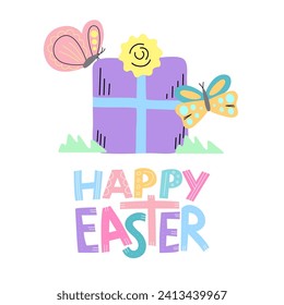 Vector square gift card with Happy easter quote in simple style. Bright and lovely colors on white background