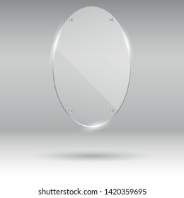 Vector square glass frame. Photo realistic texture with highlights and glow.  Clear glass showcase. 