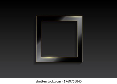 Vector cuadrado lujoso marco de línea dorada y negro brillante. Borde para foto, foto, felicitaciones, cita, portada, etiqueta, folleto. Marco de vidrio realista con borde dorado de reflexión sobre fondo oscuro