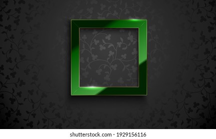 Vector square glossy luxury green and golden line frame on black floral pattern background. Trefoil silk shamrock dark cloth for St. Patrick day with border glass frame with reflection gold edge