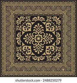 Vektorgrafik quadratisch gold mit schwarzem Rand, Rahmen, Pompeji. Rechteck Neopolitanisches Ornament. In: Art of Ancient Rome. Vorlage für Buntglas
