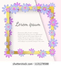 Vector square gold frame with lot of beautiful flowers. Template illustration. Paper cut style. Wedding gift greeting card flyer banner poster. With place for text. High quality image 