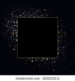 Vector square gold frame with glitter and flares.