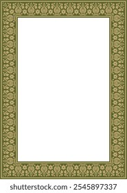 Vector square gold with green ancient Russian ornament. Slavic rectangle, border, frame. Painting of the royal chambers.
