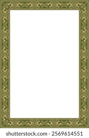 Vector square gold with green ancient Russian ornament. Slavic rectangle, border, frame. Painting of the royal chambers.
