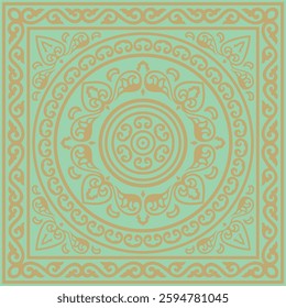 Vector square gold with green ancient Russian ornament. Slavic rectangle, border, frame. Painting of the royal chambers.
