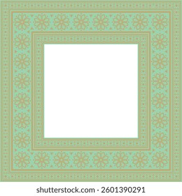Vector square gold with green ancient Russian ornament. Slavic rectangle, border, frame. Painting of the royal chambers.
